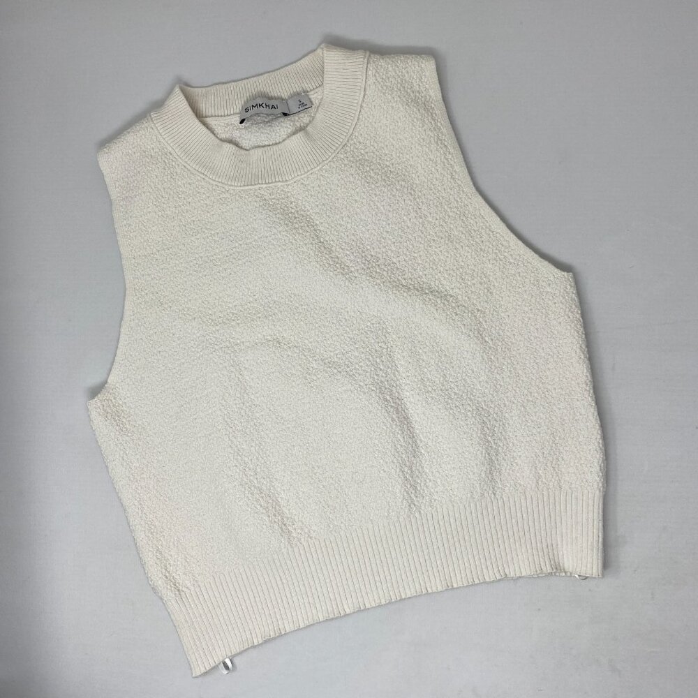 Simkhai Textured Cotton Silk Cream Tank Top Small